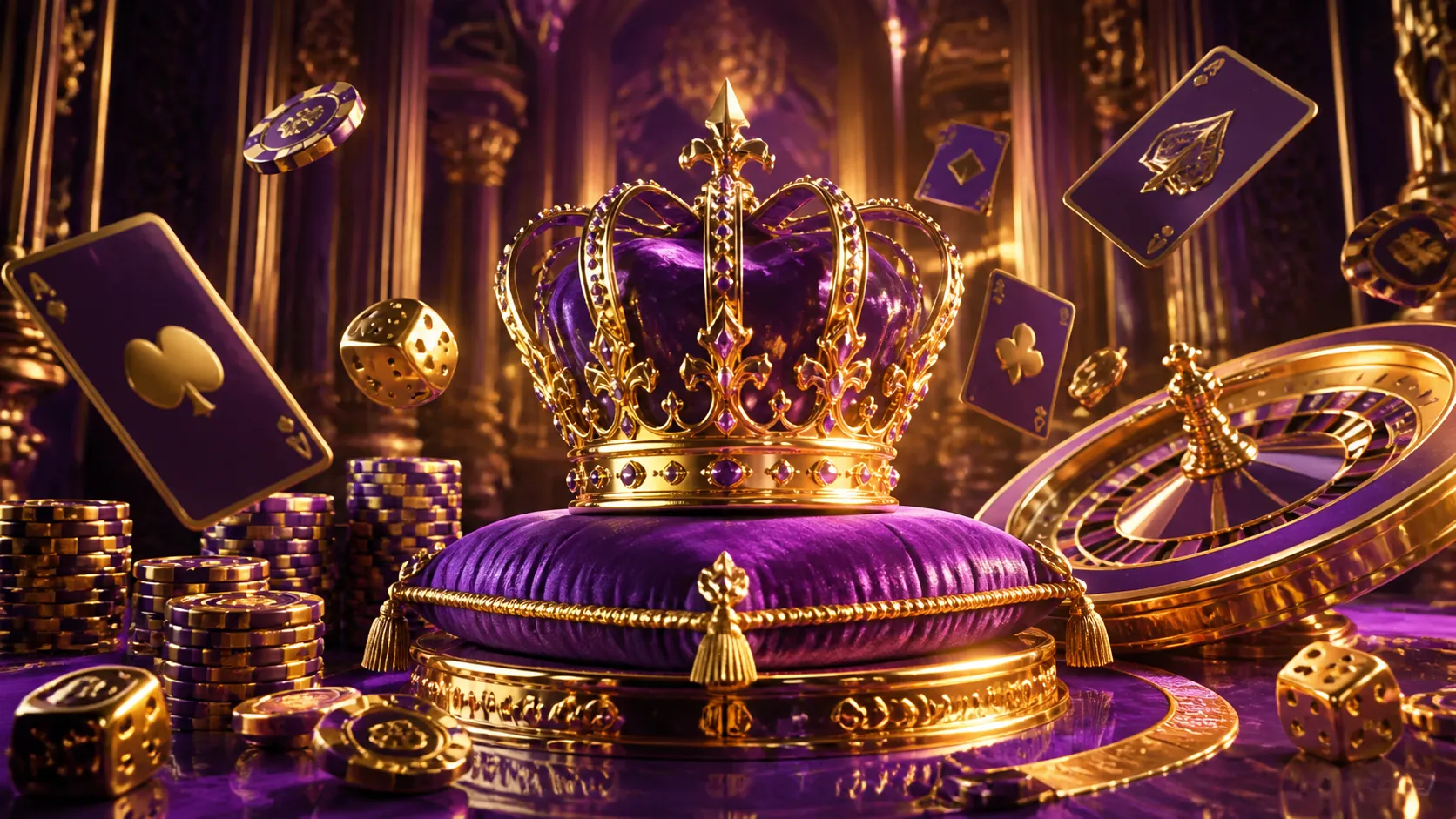 A luxury-themed hero banner for an online casino, featuring a roulette wheel and poker chips in a premium digital art style w