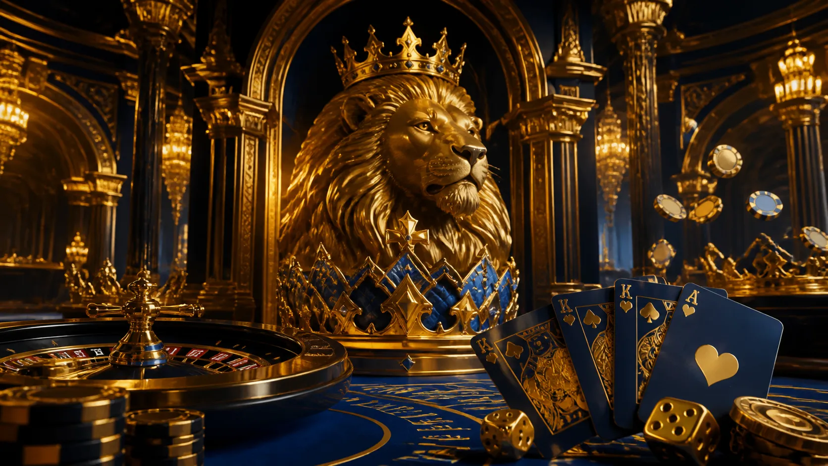A luxurious casino-themed hero banner image for Kingia, featuring a futuristic holographic style with translucent glowing obj